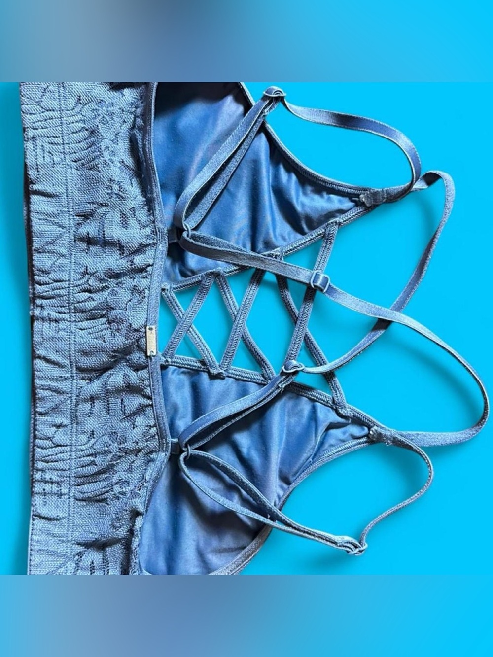 VS PINK Lace-Up Back Bralette Small Blue Floral Lace Strappy